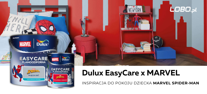 pokój dziecka Spider-Man, pokój Spider-Mana, farby Marvel Spider-Man, Dulux Spider-Man, czerwony pokój dziecka, pokój superbohatera, aranżacja pokoju Spider-Man